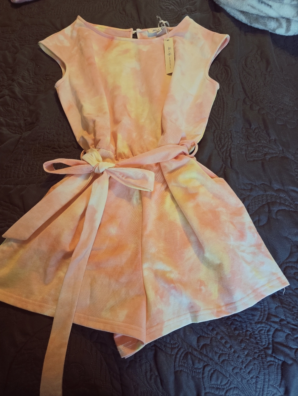 She + Sky Pink Peach Tie-Dye Romper with Waist Tie